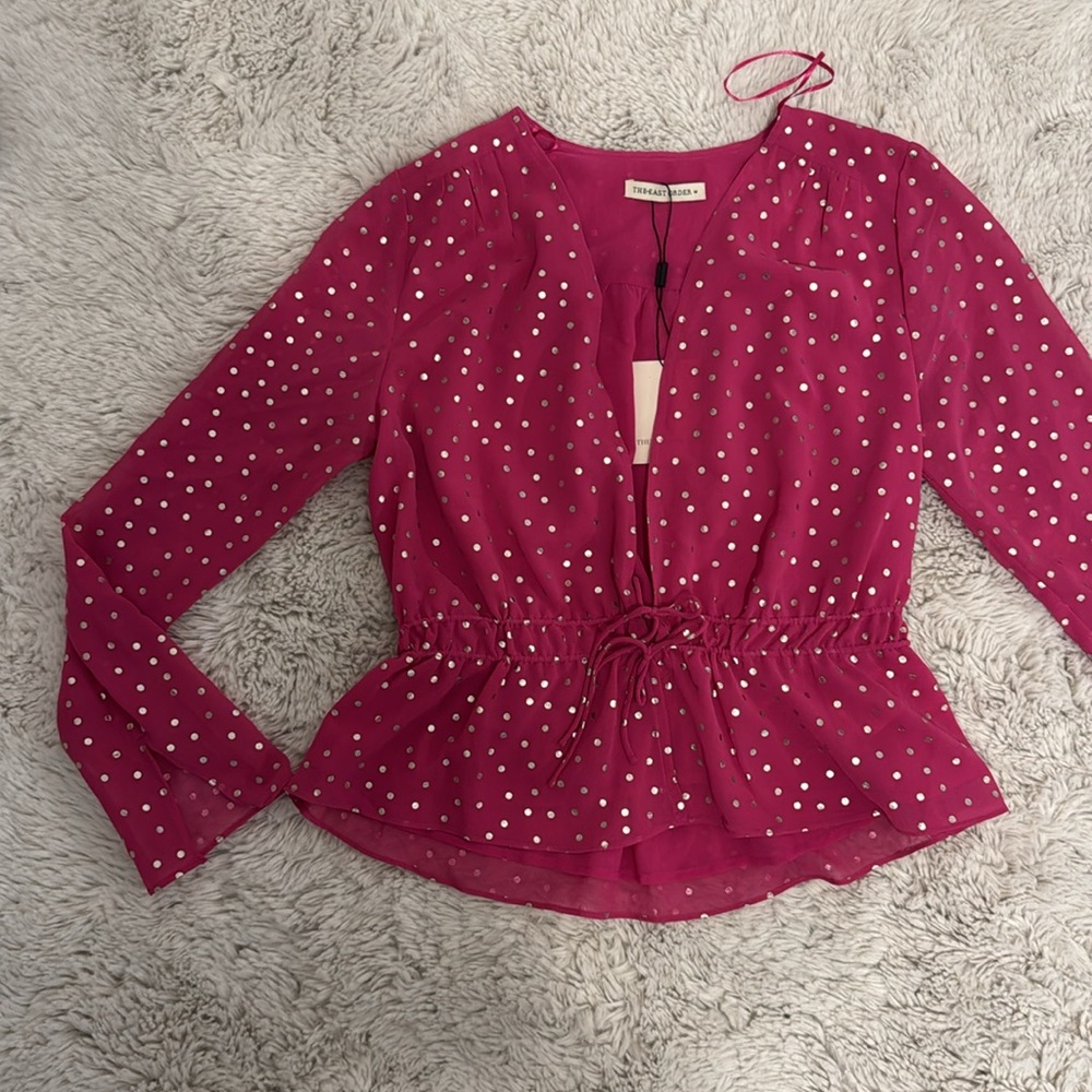 THE EAST ORDER Taylor Long Sleeve Tie Waist Bright Pink Metallic Dot Top - Picture 11 of 12